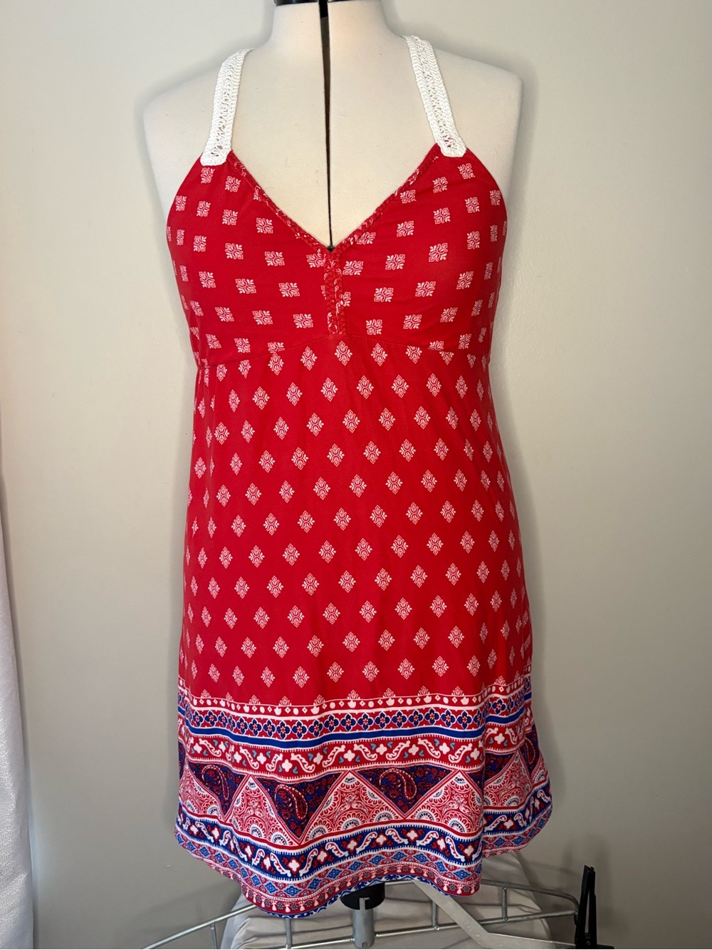 No Boundaries Red Halter Sundress with White Crochet Straps